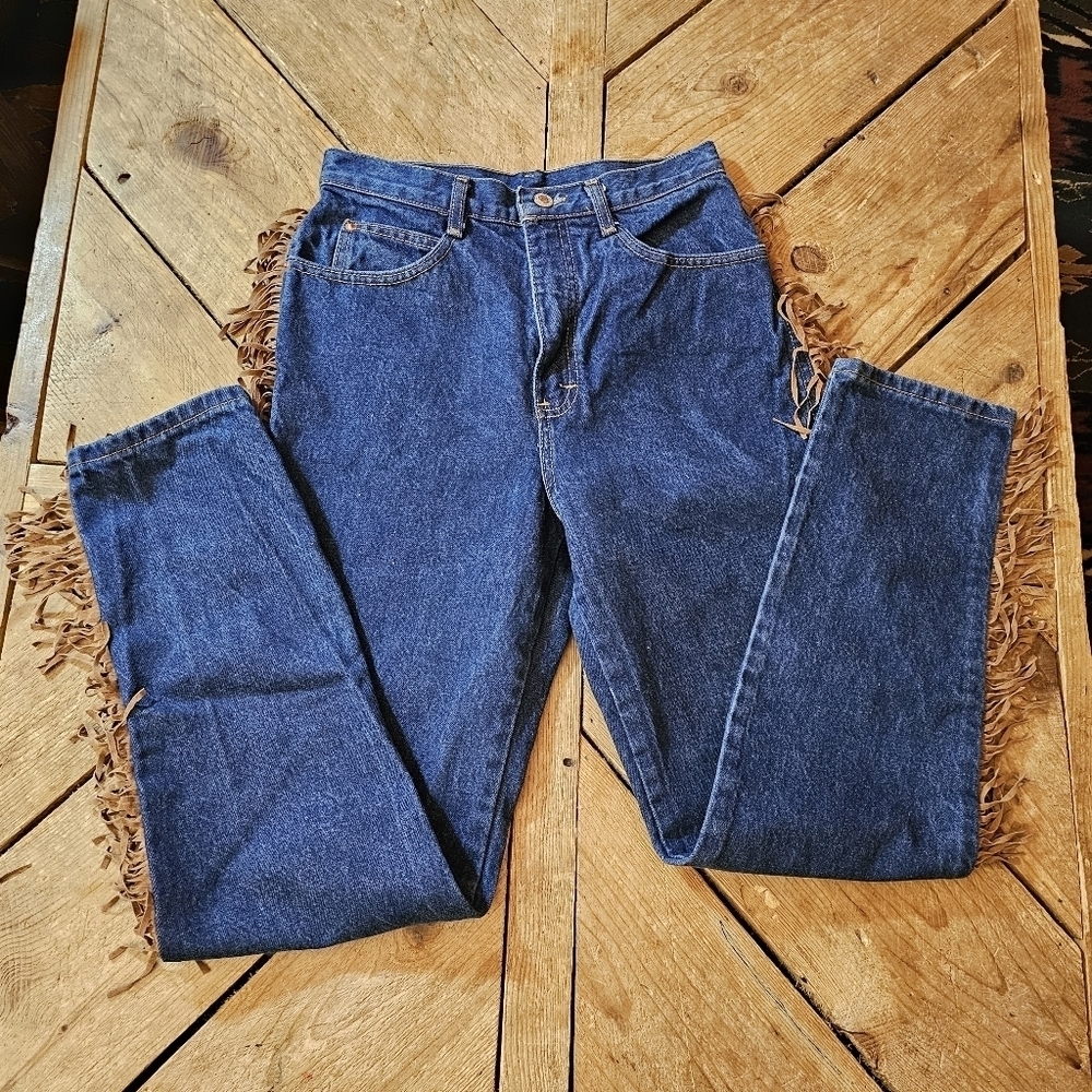 Vintage 90s Blue Jeans Denim Leather Suede Fringe High Waist 27x29